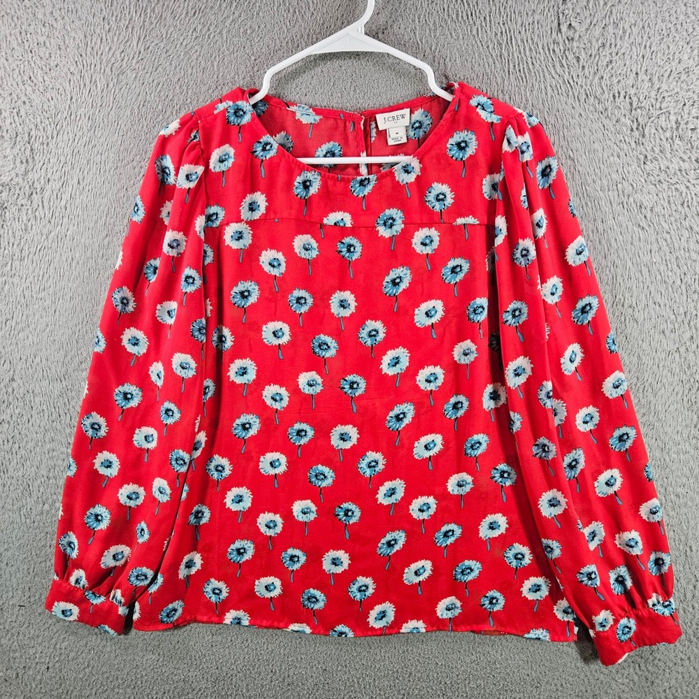 J.Crew Womens Red Blue Dandelion Floral Long Sleeve Blouse Top Medium M